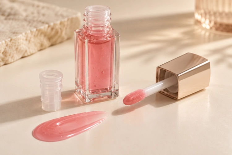 Bottle, wand and wiper components for a lip oil package review. AI-generated concept illustration